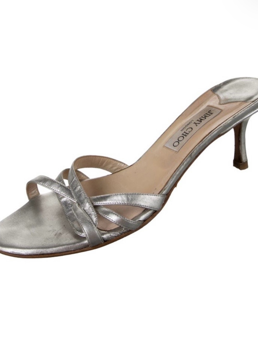 Vintage Jimmy Choo Metallic Silver Strappy Mid Heel Sandal
